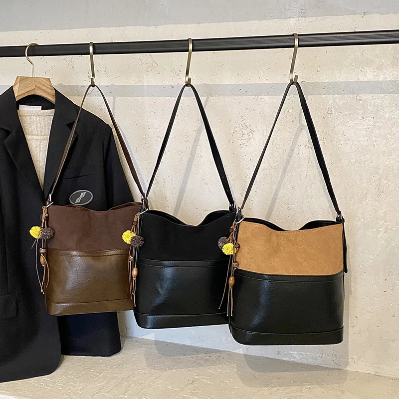 

2025 New Suede and Leather Bucket Bag, Luxury Feel Large Capacity Crossbody Shoulder Bag for Women Work Commuting