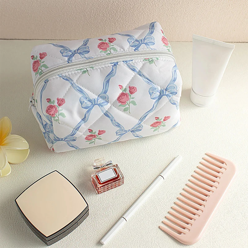 Storage Organizer Bow Rose Flower Puffy Quilted Makeup Bag Flower Printed Cosmetic Pouch Large Travel Cosmetic Bag Storage Bag