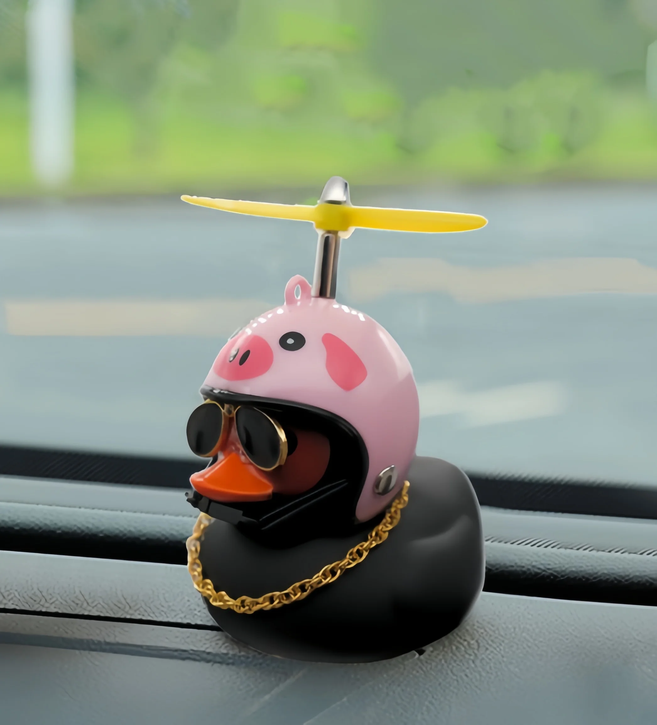 Schwarze Gummi-Ente als Auto-Armaturenbrett-Ornament mit Propeller, Helm und Sonnenbrille, Lustiges Auto-Innenzubehör, Fahrrad-Ornament, Geschenk – Detail 3