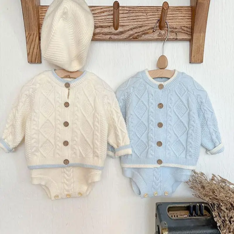 

2024 Autumn New Baby Girls Knitted Cardigan + Sleeveless Strap Bodysuit 2pcs Suit Cotton Infant Toddler Cute Princess Outfits