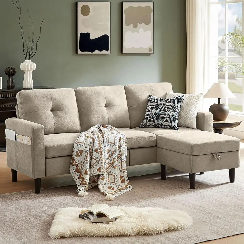 

79 Inch Convertible Sectional Sofa, Small L-Shaped 3-Seat Couch with Storage Chaise and Side Table, Linen Fabric, Reversible Sof