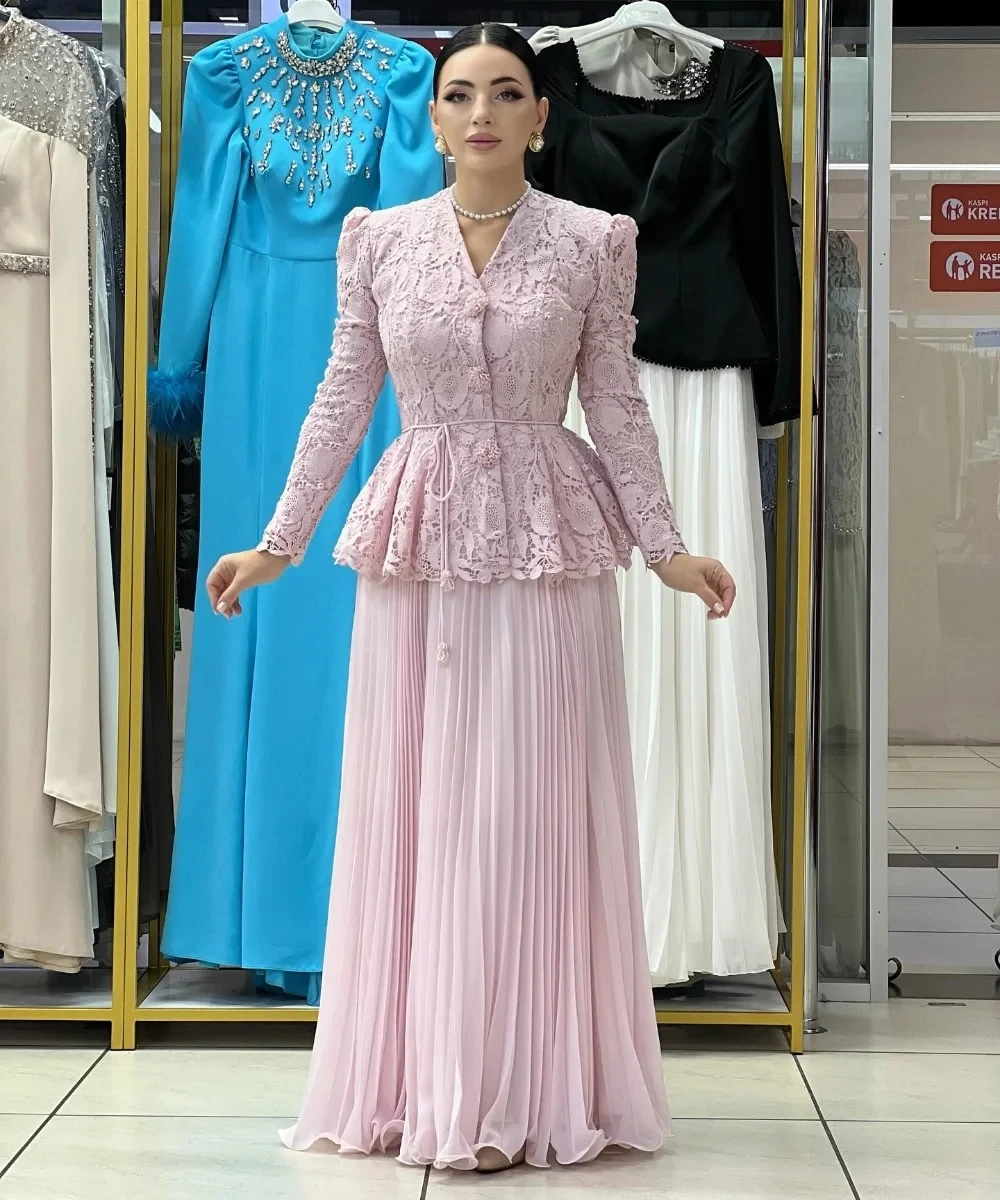 

Chiffon Lace Long Sleeves Bespoke Occasion Gown Evening Dresses Pastrol Unisex Jersey Retro Dubai Saudi Arabic Prom Customized