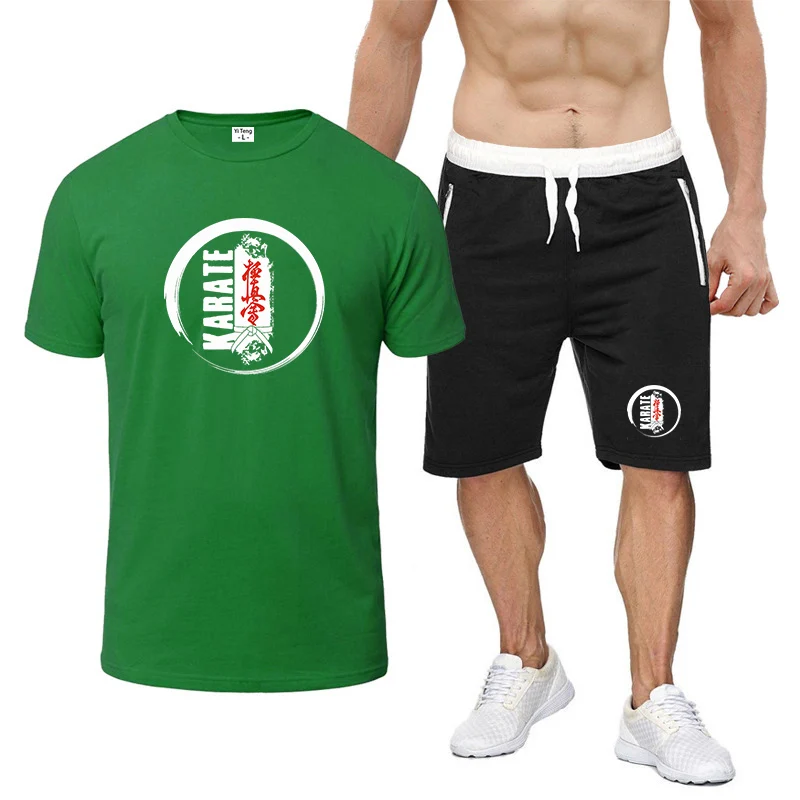 

2026 Kyokushin Karate Print Summer Men's New Harajuku Eight Color Short Sleeved Set T-Shirt Casual Shorts 2-piece Suit