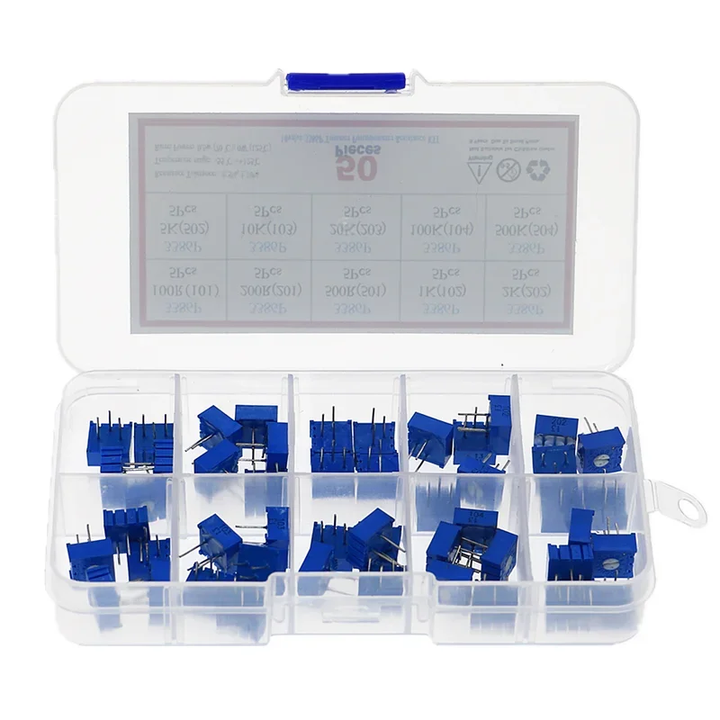 

50pcs 3386P Multi-Turn Potentiometer set 100R 200 500R 1K 2K 5K 10K 20K 50K 100K 500K 10K Variable resistors Assortment Kit