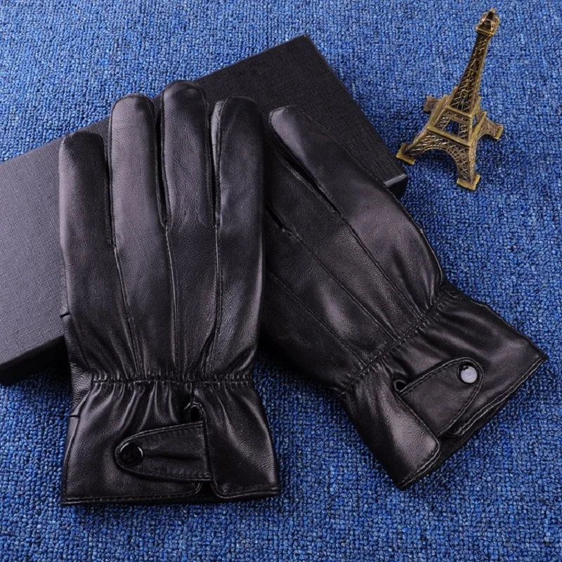 Gants d'hiver en cuir PU véritable pour hommes, mitaines chaudes à boutons, noir, luxueux, conduite, accessoires, 2023