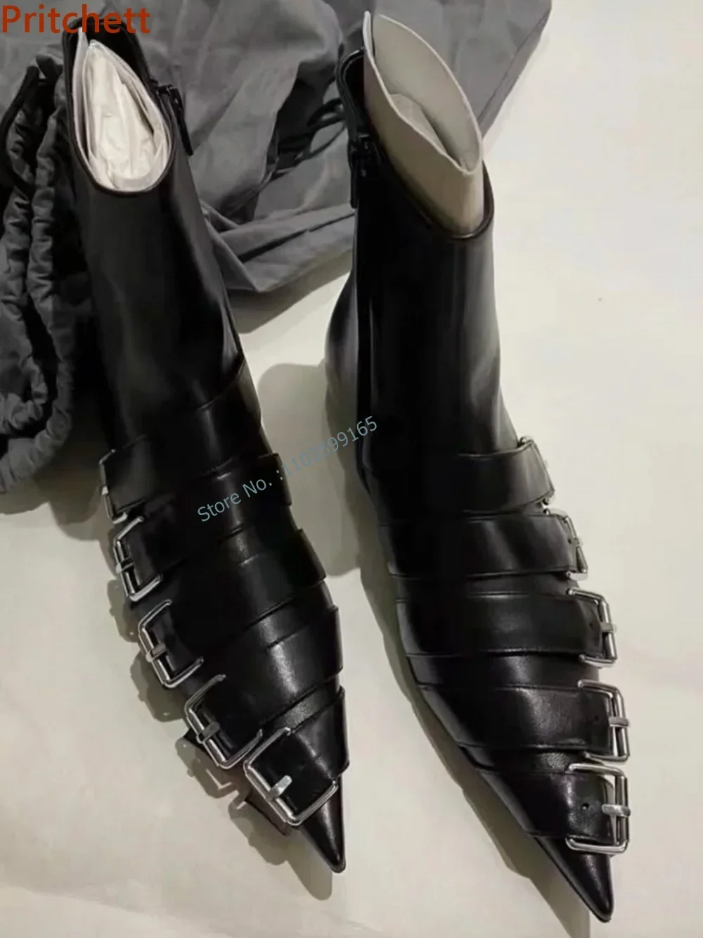 

Metal Belt Black Boots Leather Pointy Toe Flat with Zipper Solid Ankle Shoes Women Sexy Street Photo Dark Style Women Shoes