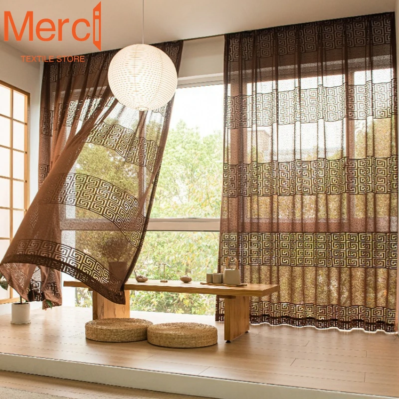 Chinese Classical Style Modern Style White Gauze Coffee Color Zigzag Embroidered Curtains for Living Dining Room Bedroom Custom