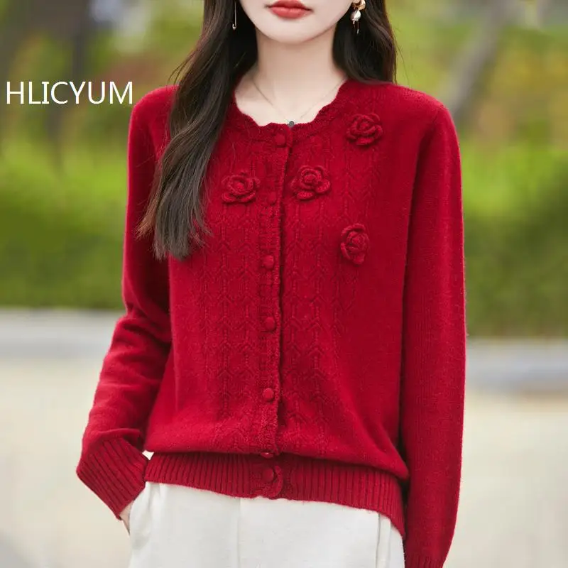 

Women 100% Merino Wool Cardigans Sweater Casual Warm Autumn Winter O-neck Long Sleeve Single Breasted Fashion Korean Knitwears