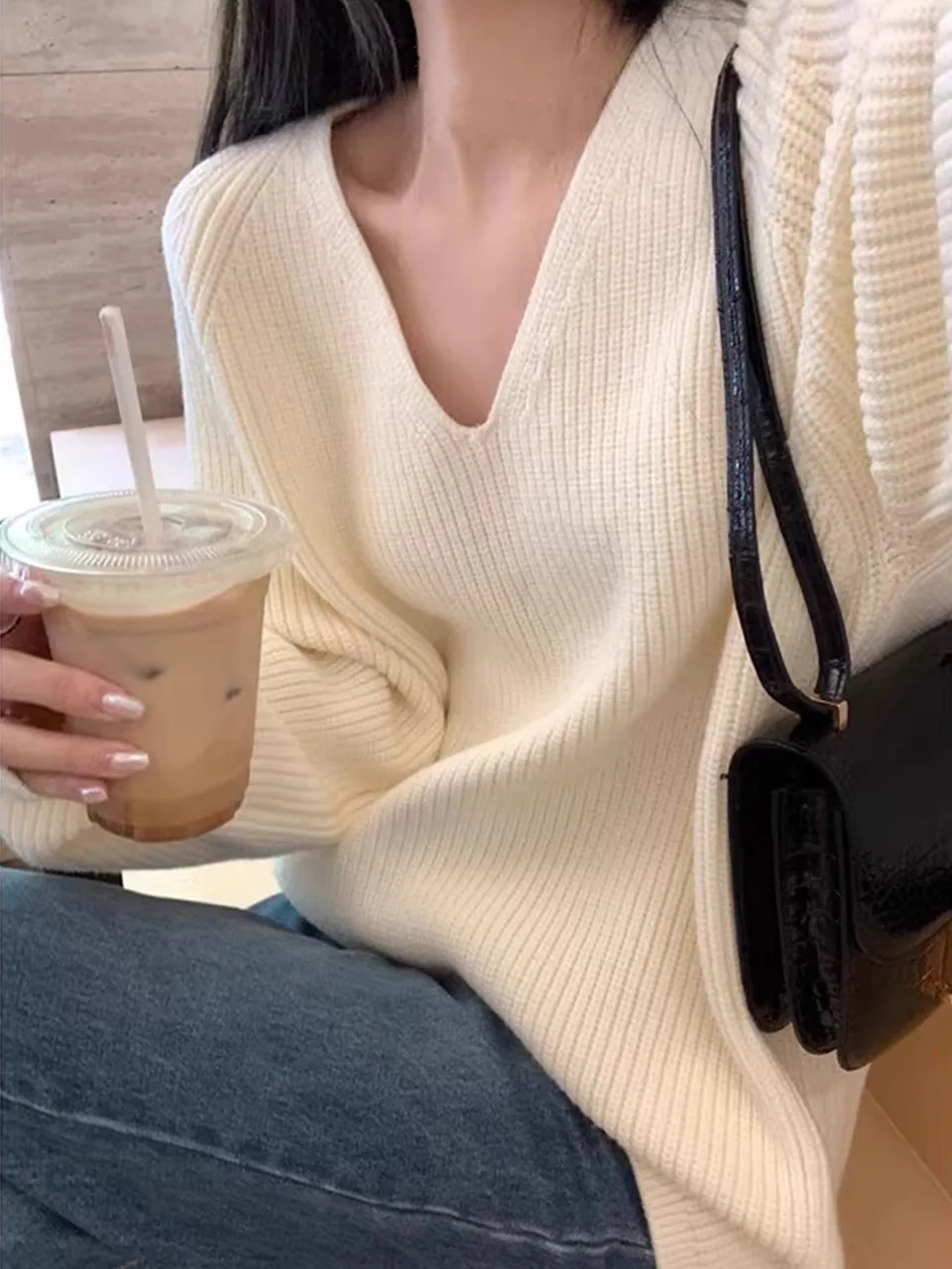 

Корейский свободный женский свитер с V-Ne, осень-зима, новая верхняя одежда Lazy Sle, вязаный топ, приятный для поездок на работу