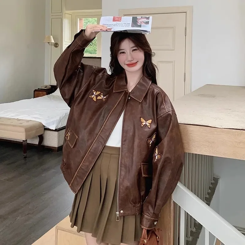 한국 여성 자수 인조 가죽 탑 코트 가을 여성 나비 PU 가죽 재킷 2025 여성 긴팔 가죽 아우터