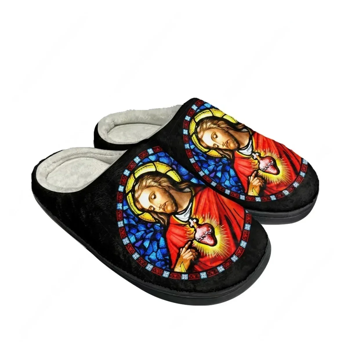 Pantoufles en coton avec motif religieux (Jésus, Vierge Marie), chaussures d'intérieur pour homme et femme, hiver et automne, semelle souple, pantoufles personnalisées.