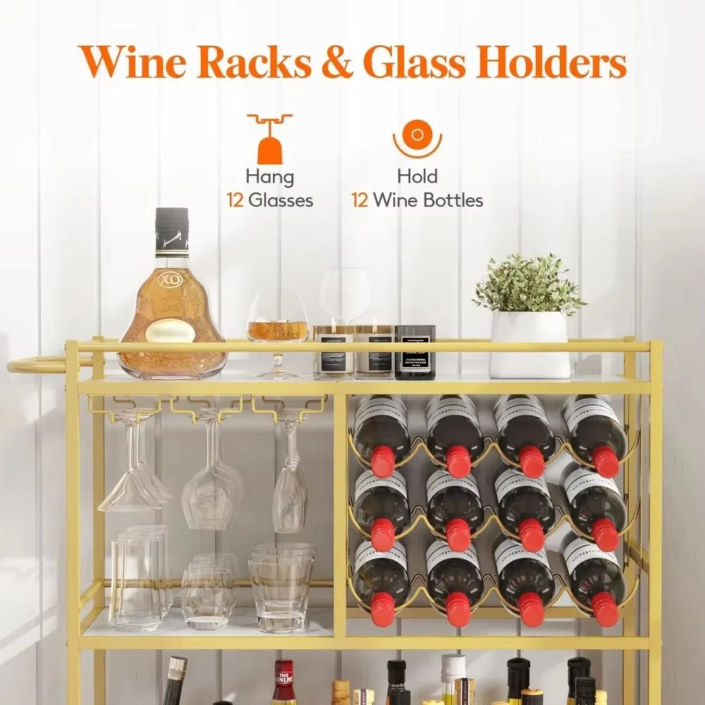 Bar cart, 3-tier beverage cart with locking wheels, 12 wine racks and 3 rows of glass racks, hall passengers, service carts