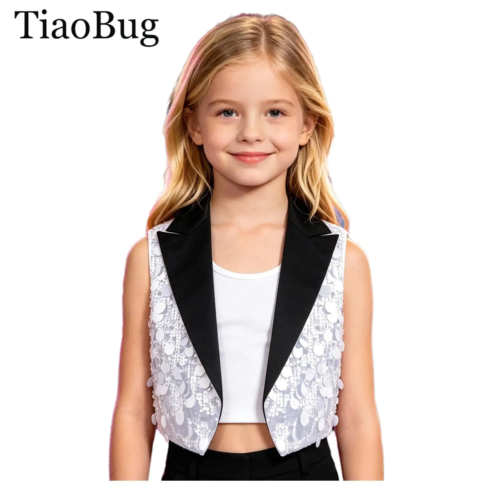 

Disco Party Jazz Dance Waistcoat for Girls Shiny Sequin Vest Child Sleeveless Open Front Blazer Vest Crop Top Stage Performance