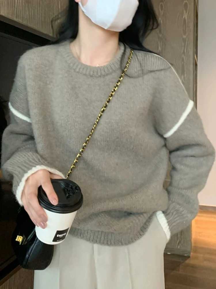 Sweaters Women Panelled All-match Slouchy Baggy Elegant Niche Popular O-neck Autumn Office Lady Streetwear Stylish Tempeament