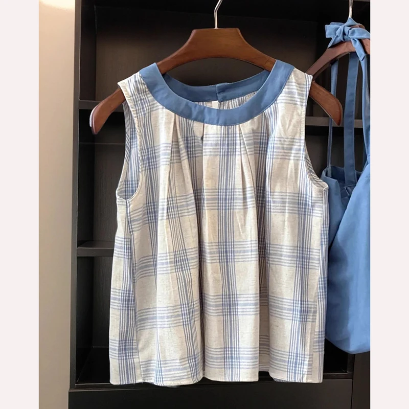 

Summer 2025 New Sle Guangzhou Thirteenth Fac High Quali Plaid Color Blo Pleated Svel Women's Top Commute Sle