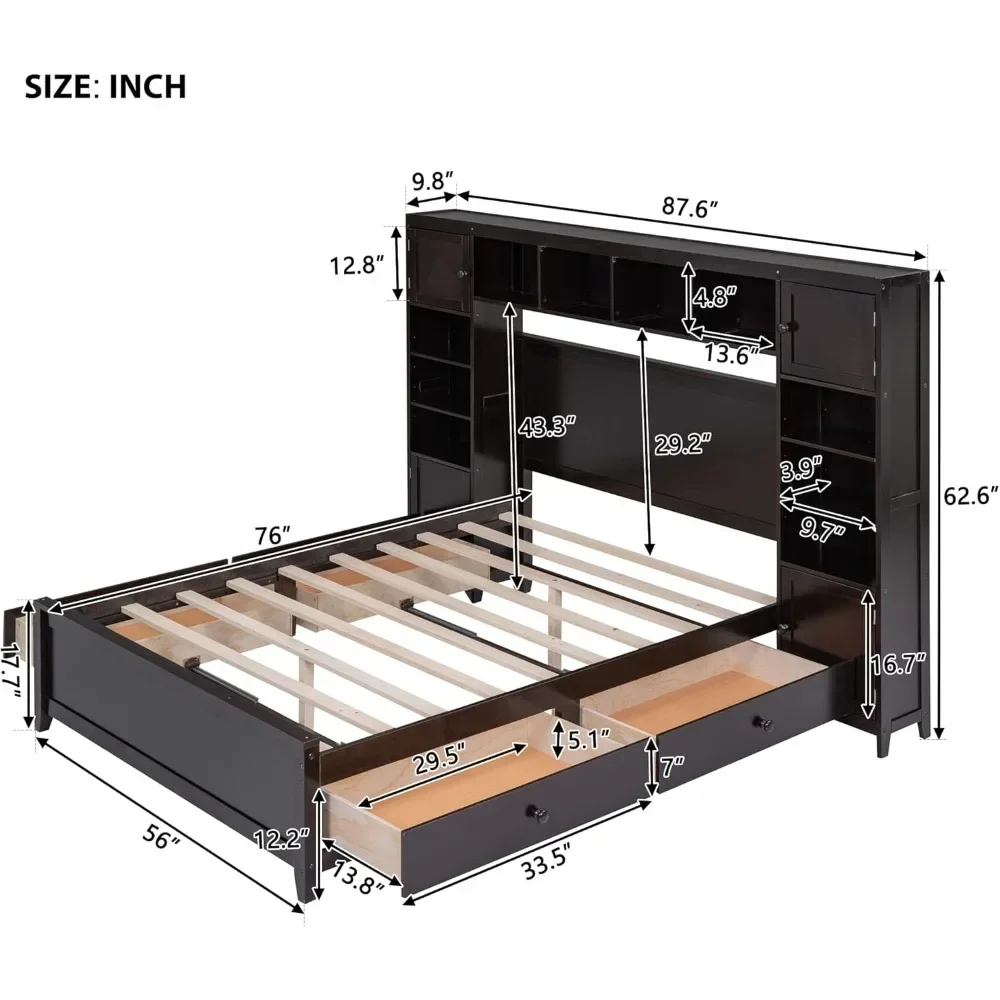 With Full Bedside Table and Shelf, Solid Wood Platform Bed, 4 Storage Drawers and Solid Flat Noodles Support