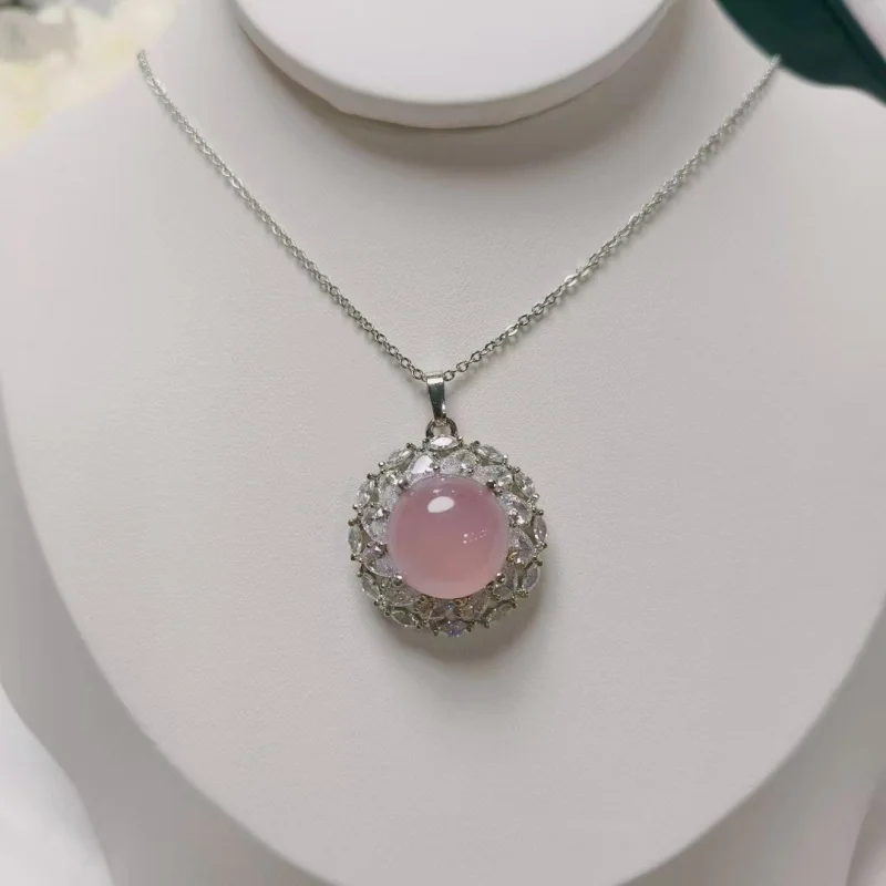 Ice pink chalcedony pendant, 925 silver-plated, inlaid with diamonds, hydrangea green chalcedony pendant, niche jewelry