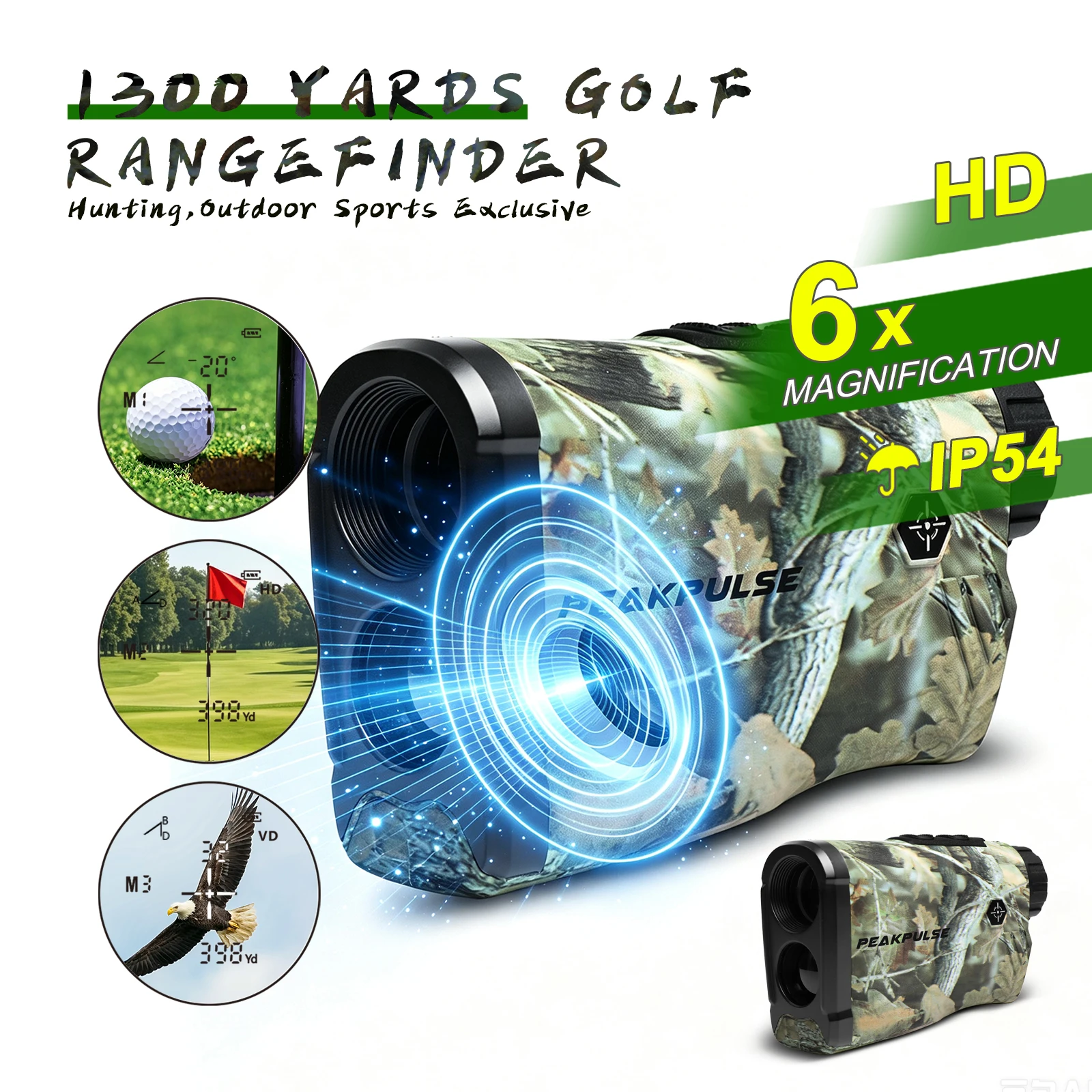 PEAKPULSE Hunting Golf Rangefinder 1300 Yards Laser Distance Meter 6X Magnification Slope Angle Vibration Alert IP54 Waterproof Outdoor Sports