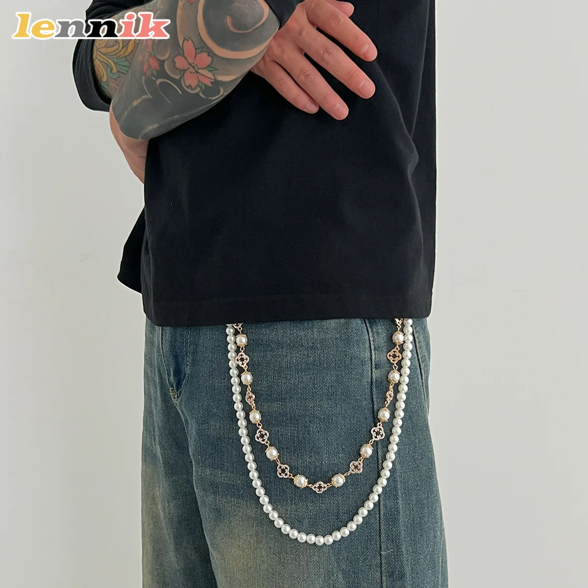 Punk Style Jeans Chain, Imitation Pearl Drop with Crystal Flower Accessory,, Men's Niche Hip Hop Jewelry,Cross-Border Streetwear