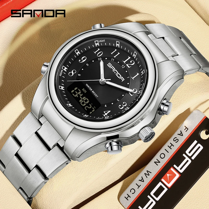 SANDA Business Men Quartz Watch Waterproof Sports LED Digital Electronic Stainless Steel Strap Dual Display WristWatches for Men