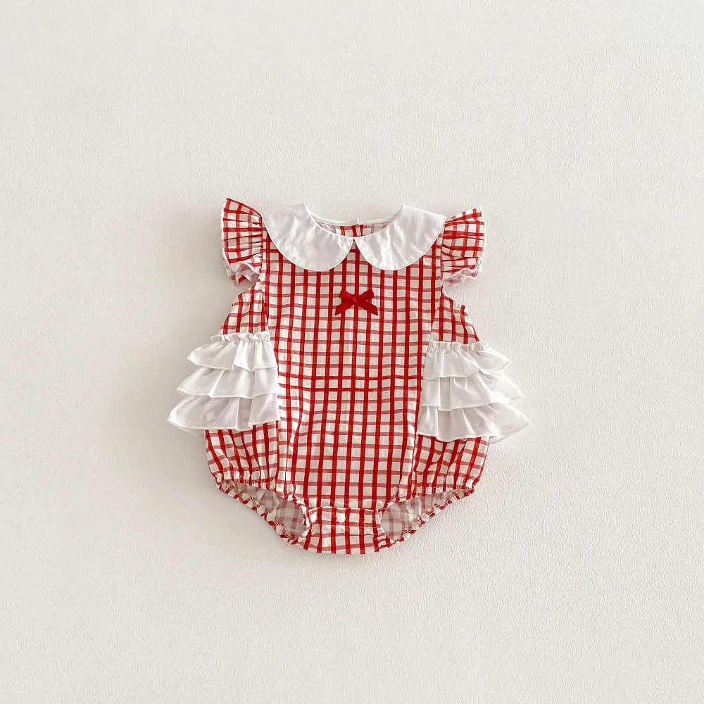 2026 Summer Baby Girl Romper 0-2Years Cute Newborn Infant Fly Sleeve Peter Pan Collar Bow Plaid Bodysuit Outfits Sunsuit Clothes