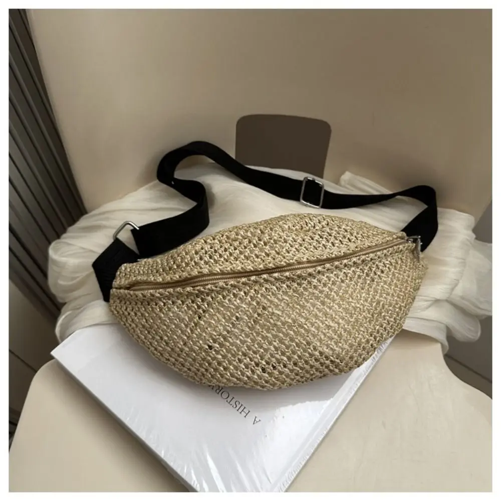 Half Moon Straw Woven Bag Pocket Phone Bag Anti-theft Woven Handbag Portable Large Capacity Adjustable Sports Pouch Sports