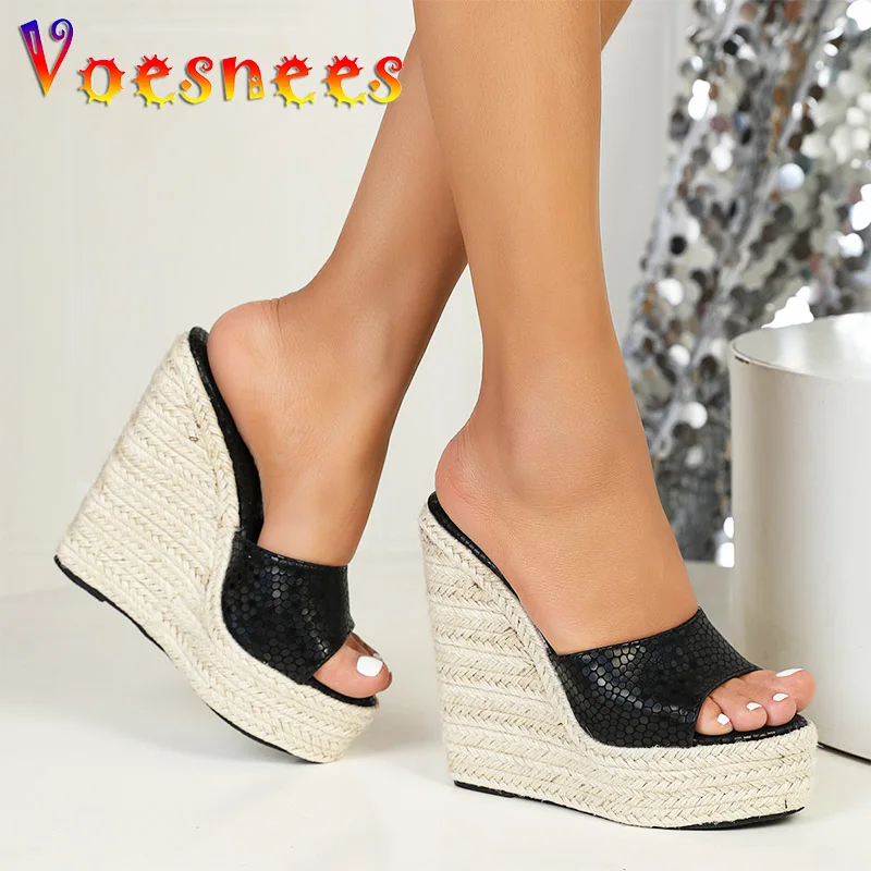 2023 New Summer High Heels 14.5CM Fashion Wedges Women\'s Shoes Weaving Platform Party Sandals Black Casual Snake Print Slippers