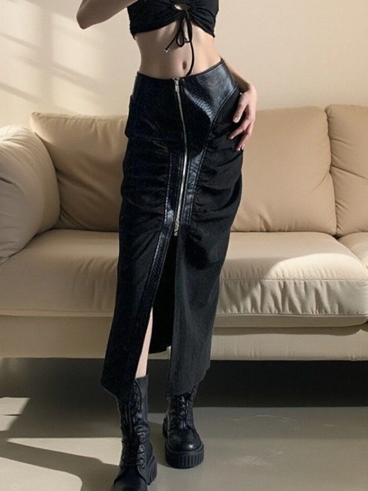 

Y2k Spicy Girl Юбки из искусственной кожи в стиле пэчворк на молнии Плиссированная уличная длинная юбка Женская тонкая женская одежда в стиле панк