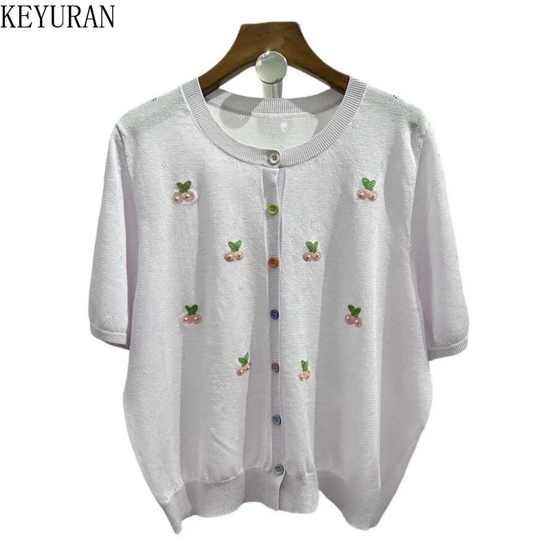 Sweet Embroidery Thin Ice Silk Short Sleeve Knitted Cardigan Women\'s 2024 Summer New Vintage Loose Single Breasted Knitwear Tops