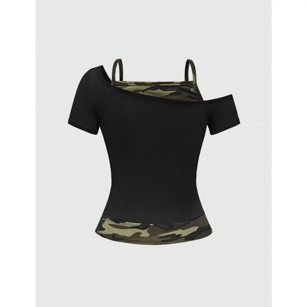 Women's slim fit printed short sleeved T-shirt, lace up T-shirt, skull print, retro, fake two-piece suspender, Off Initiated，