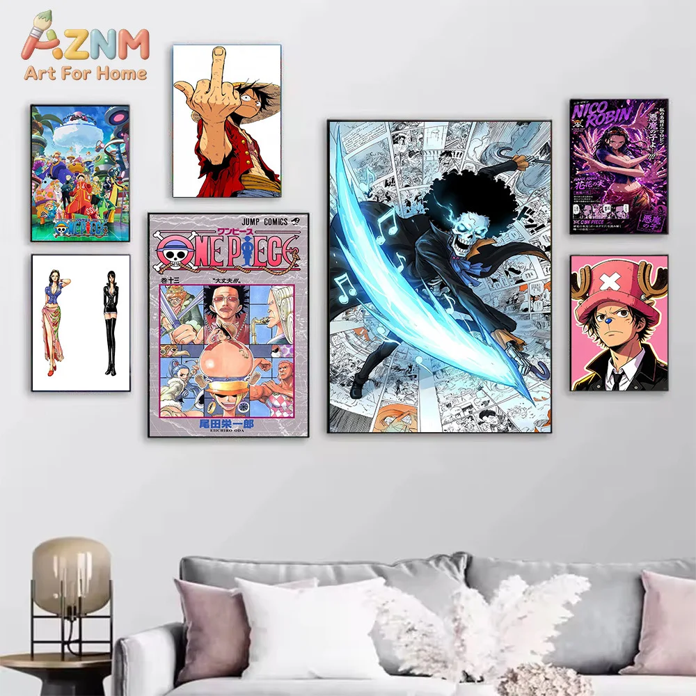 AZNM One Piece Straw Hat Crew Luffy Sanji Robin Mihawk Hancock Brook Chopper Anime Canvas Wall Art Manga Print Unframed Canvas P