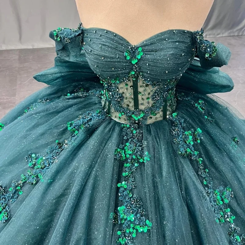 

Customized Shiny blackish green Quinceanera Dresses Off the Shoulder sequin applique flower Long tail Vestido 15 Quinceanera