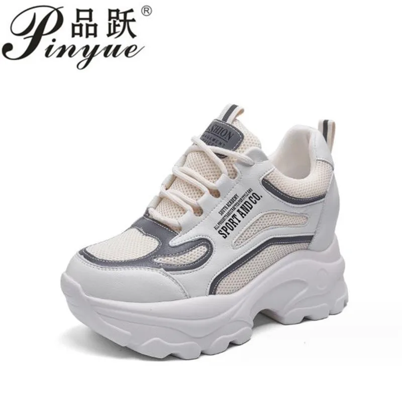 9cm Women dermis Casual heightening Round Toe Thick Bottom Lace Up Fashion ventilate Sneakers Vulcanized Shoes 34 39