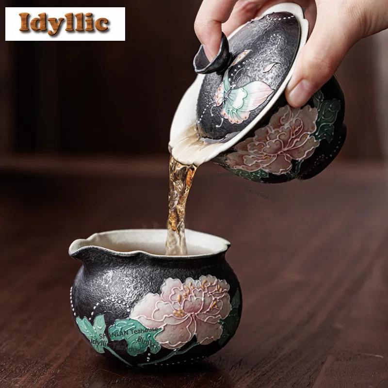 HOYIHM 120ml Ink Rhythm Hand-painted Peony Gaiwan Boutique Tea Tureen Tea Bowl With Lid Kit Tea Maker Cover Bowl Teaset Gift Cha