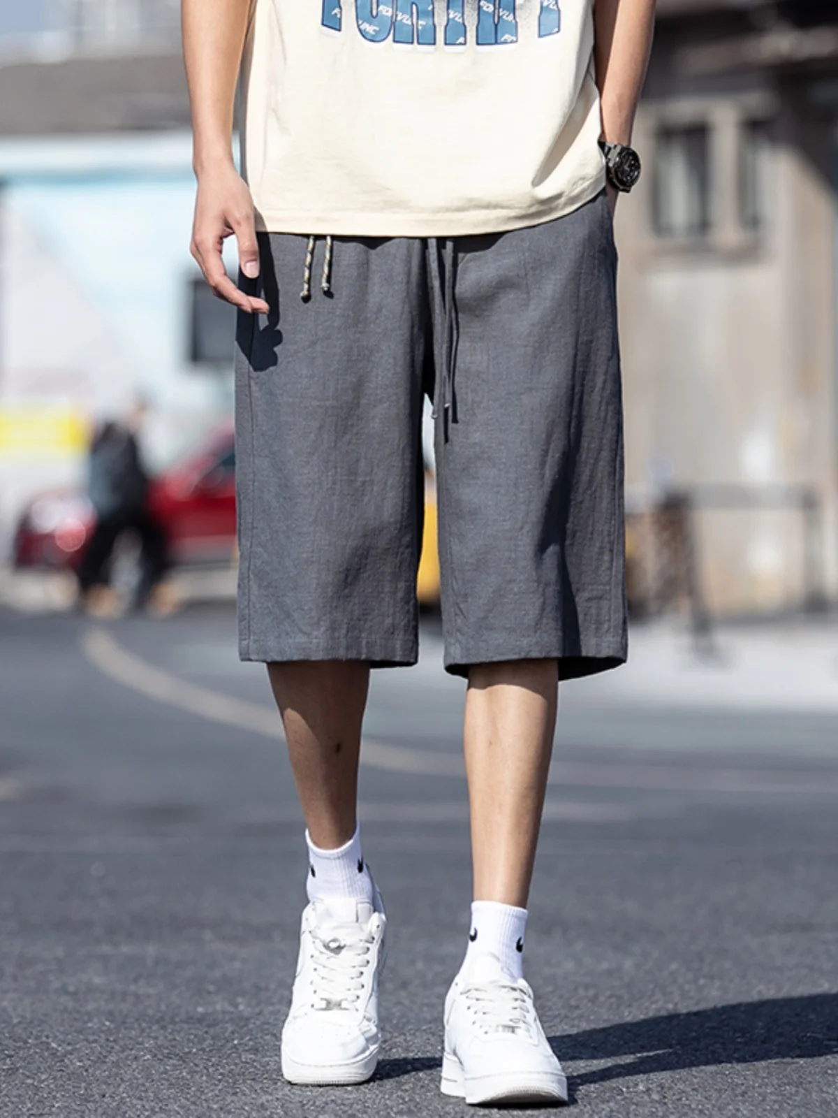 

Мужские летние тонкие льняные брюки-капри из хлопка и льна, свободные, прямого кроя, с эластичным поясом, дышащие, комфортные, молодежные