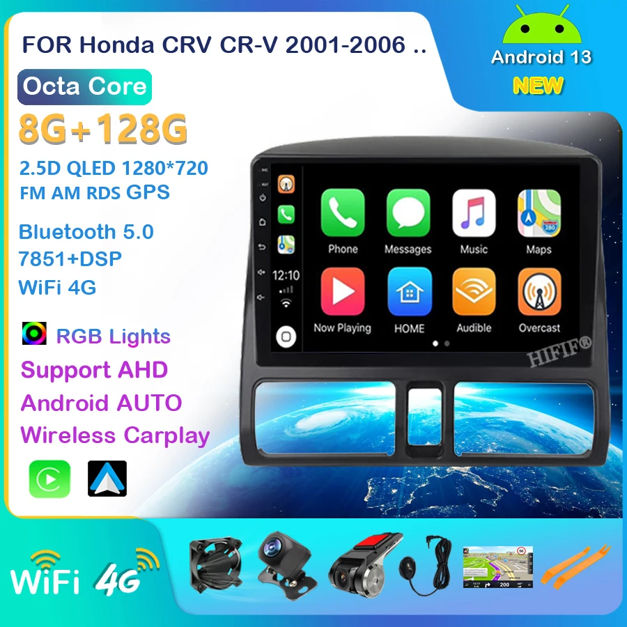 Car play Android 13 Auto Radio navigation stereo wifi gps For Honda CRV CR-V 2001-2006 Car Radio Multimedia Player 2 din 9