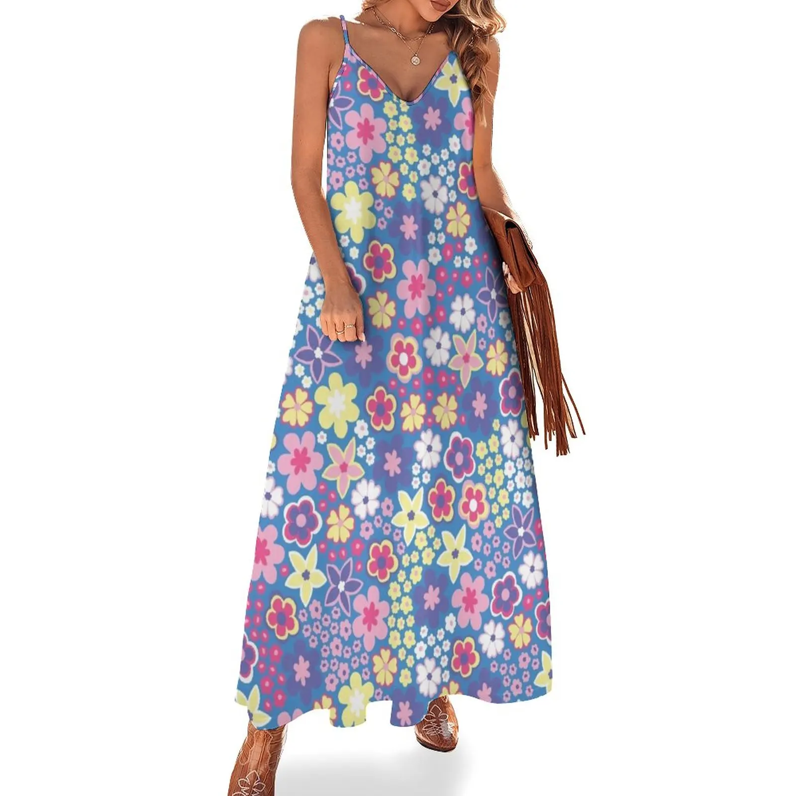 

Blue Pastel 60s retro flower power, purple, pink, pastel yellow, 60s groovy pattern, hippie flowers Sleeveless Dress