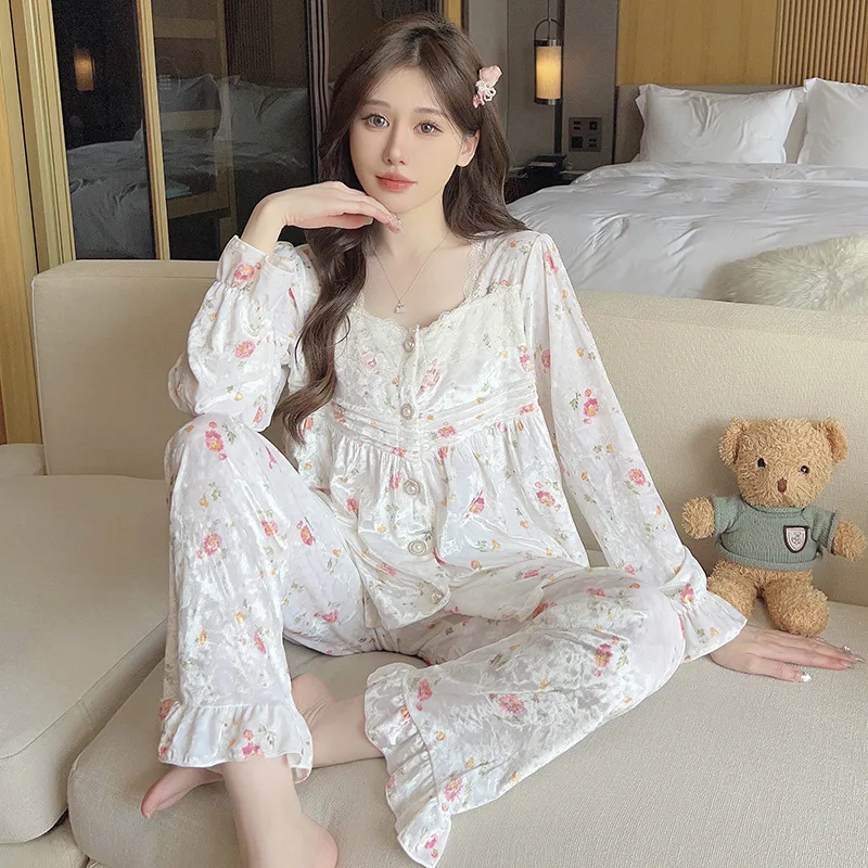 Printed Golden Velvet Pajamas For Women Autumn Winter Long Sleeved Warm Home Suit Diamond Sleepwear Clothing Pijamas Para Mujer