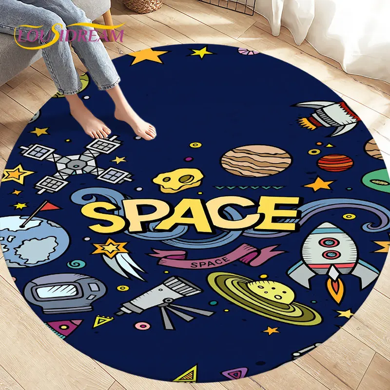 Cartoon Space Astronaut Round Rug Carpet Rug for Living Room Bedroom Sofa Decoration Kids Play Crawl Soft Floor Mat Crawling Mat