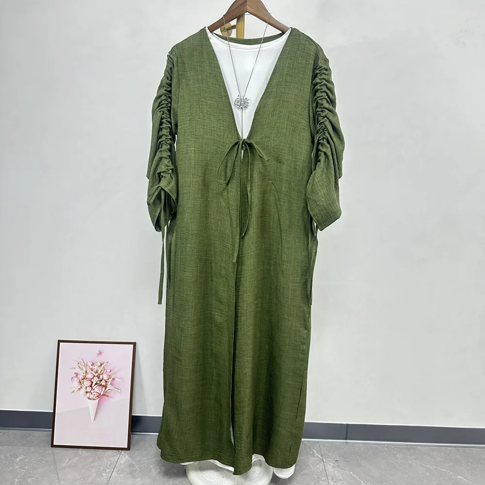 

Ид Рамадан с рюшами и рукавами, открытое кимоно Абая, Дубай, роскошное мусульманское длинное свободное тонкое морщинистое ткань, исламская женская молитвенная одежда