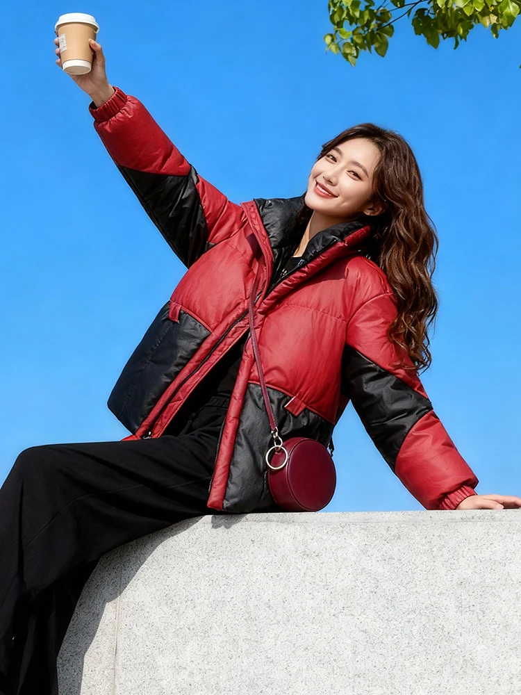 Thiened Fce Warm ort Jaet Damen Faion Winter High-End Color Stehkragen Daunenmantel aus Baumwolle All-Match Street...