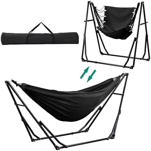 Hammock with Foldable Stand, 2 in 1 Hammock and Swinging Chair with Carrying Bag, Portable Camping Chair Suitable for