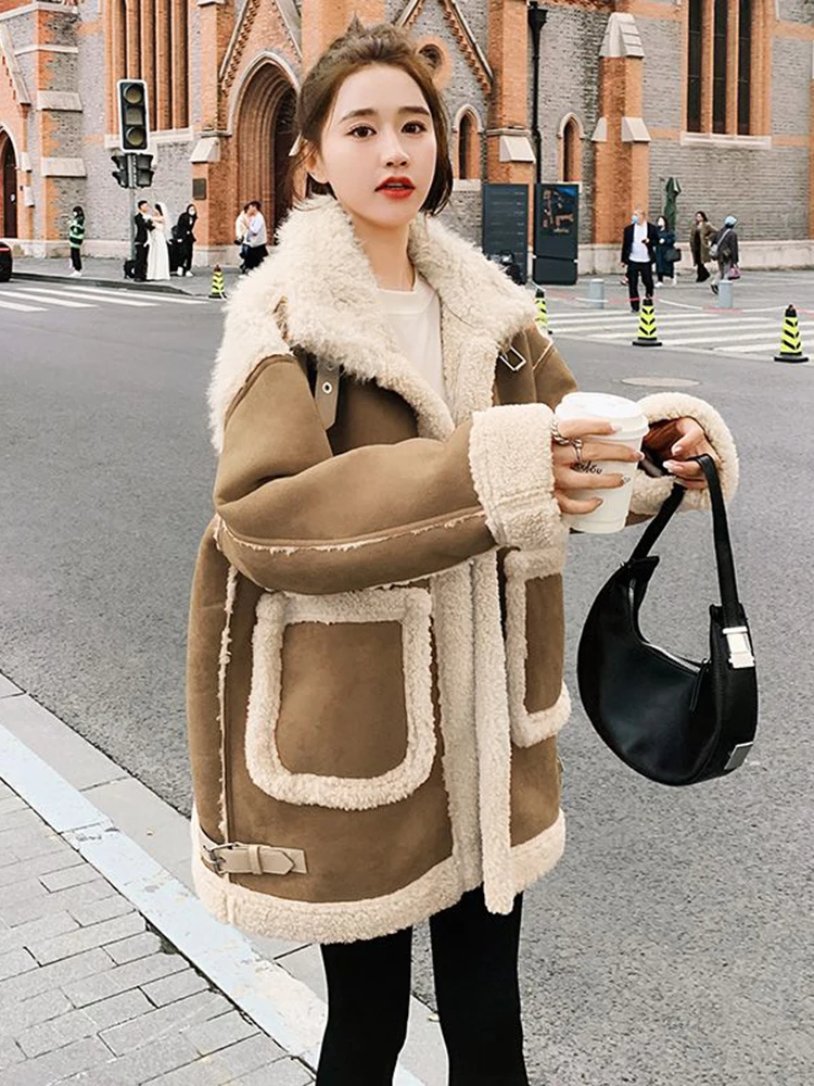 Cotton Suede Jacket For Women's Streetwear Oversized Red lamb Fur Sheepskin Wool Winter Suede Fur Integrated Jacket Parka