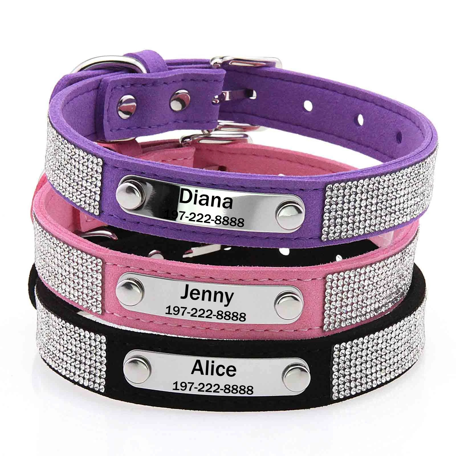Collier pour chien personnalisé anti-perte, collier avec plaque d'identification pour chien, colliers pour animaux de compagnie réglables avec strass brillants, boucle en métal gravée gratuitement