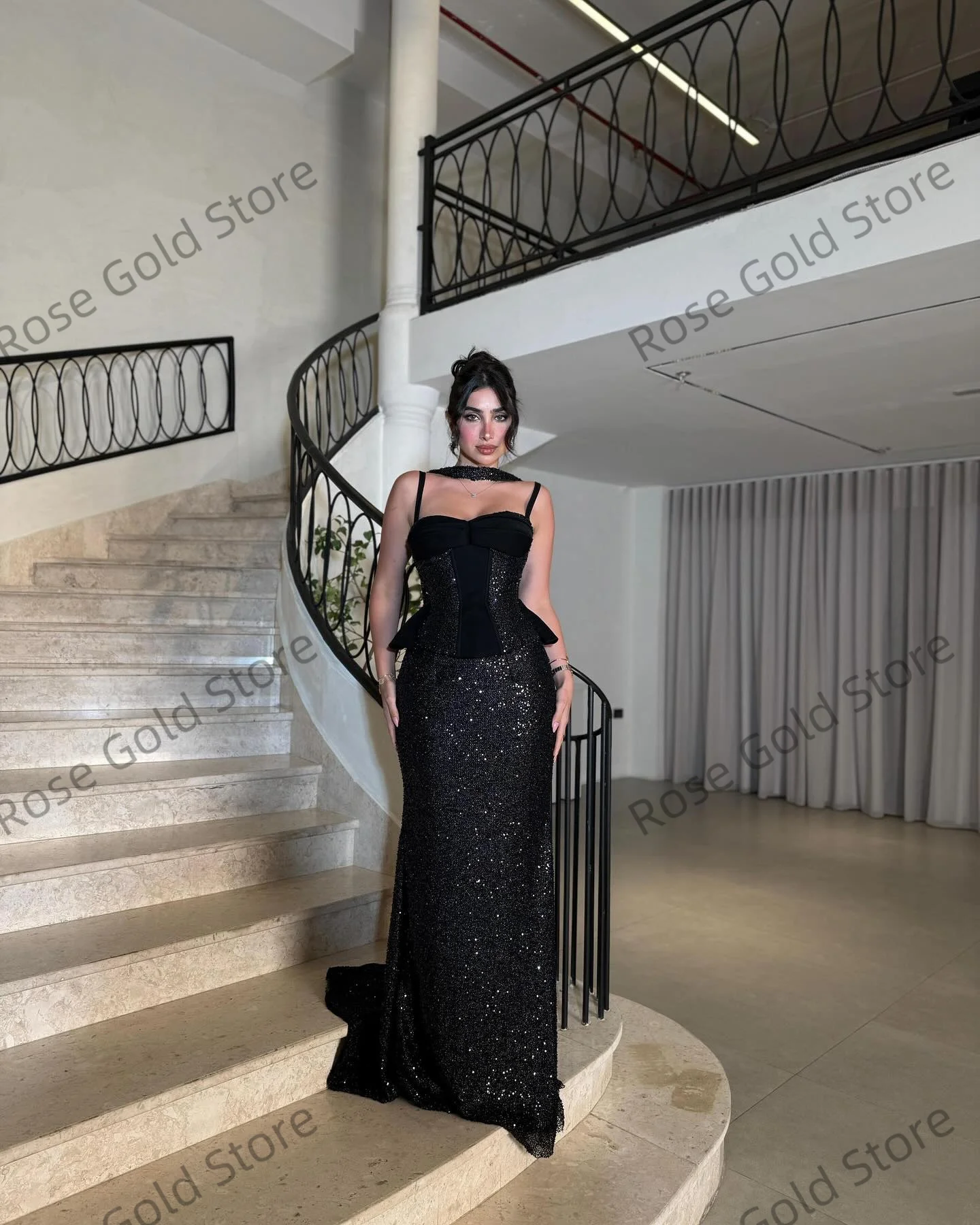 فساتين حفلة موسيقية أنيقة بحورية البحر باللون الأسود على شكل قلب بدون أكمام عربية من فيستدوس دي فييستا لامعة بطول الأرض مخصصة #2