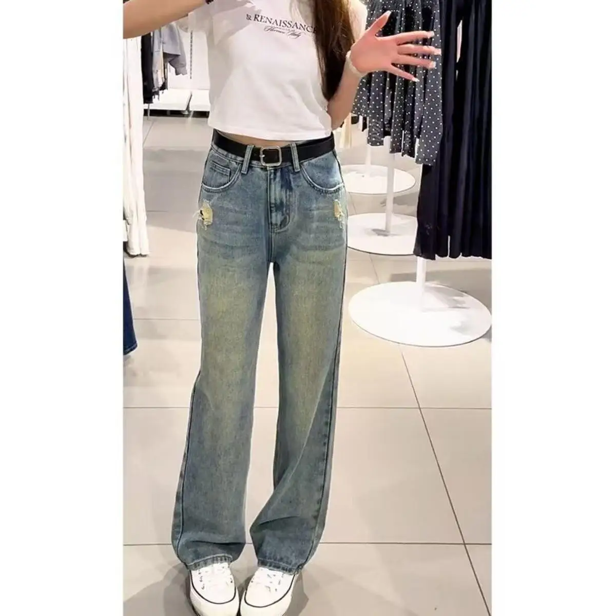 

Модные женские джинсы с высокой талией, прямые, широкие штанины, осенняя новинка, повседневные, удобные, дышащие, синие, из хлопка и полиэстера