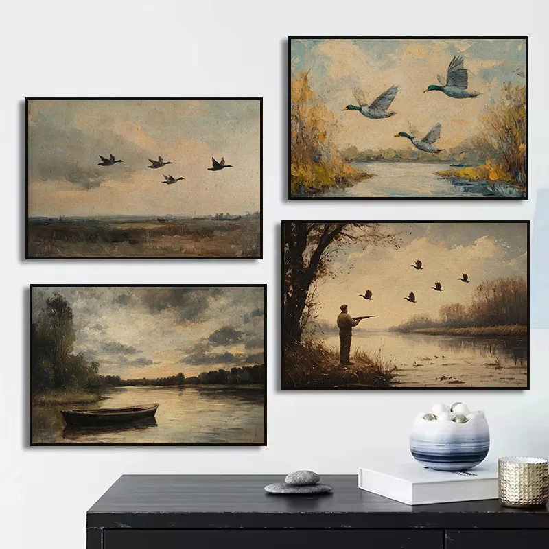 Vintage Countryside Flying Ducks Country River Boat Landscape Hunting Poster Canvas Painting Wall Art Pictures Home Decor