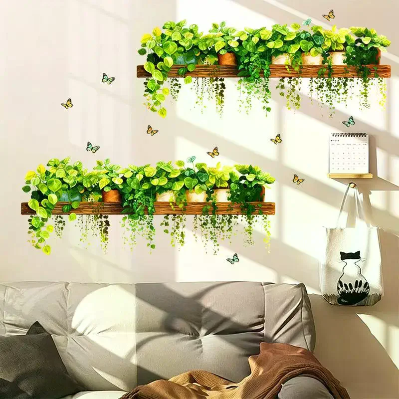 Potted Hanging Green Vine Butterfly Wall Sticker Removable Plant Wall Decal For Bedroom Living Room Home Decoration Supply