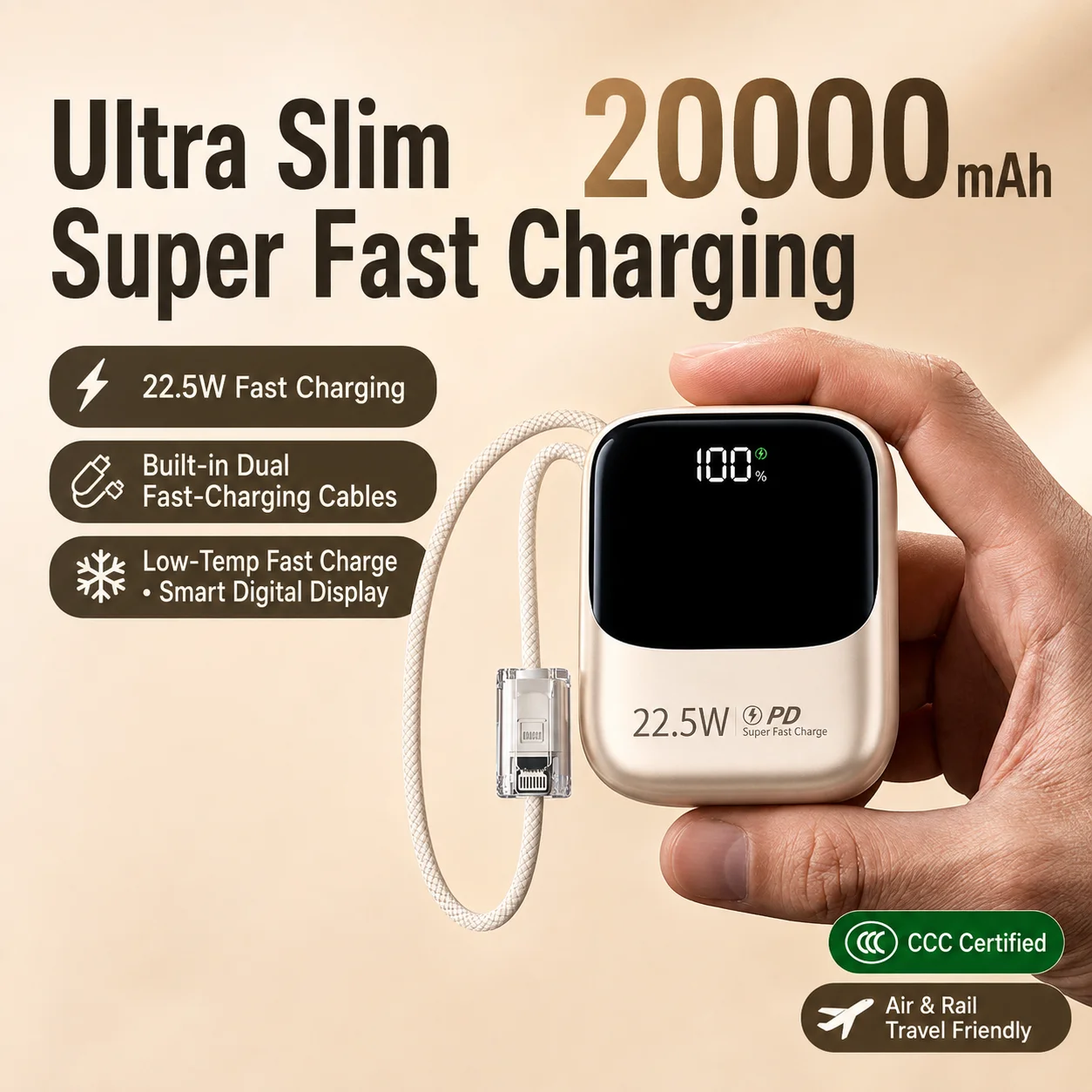 New 3C Certified 20000mAh Large‑Capacity Fast Charging Power Bank, Mini Compact Portable Mobile Power Supply with Built‑in Cable