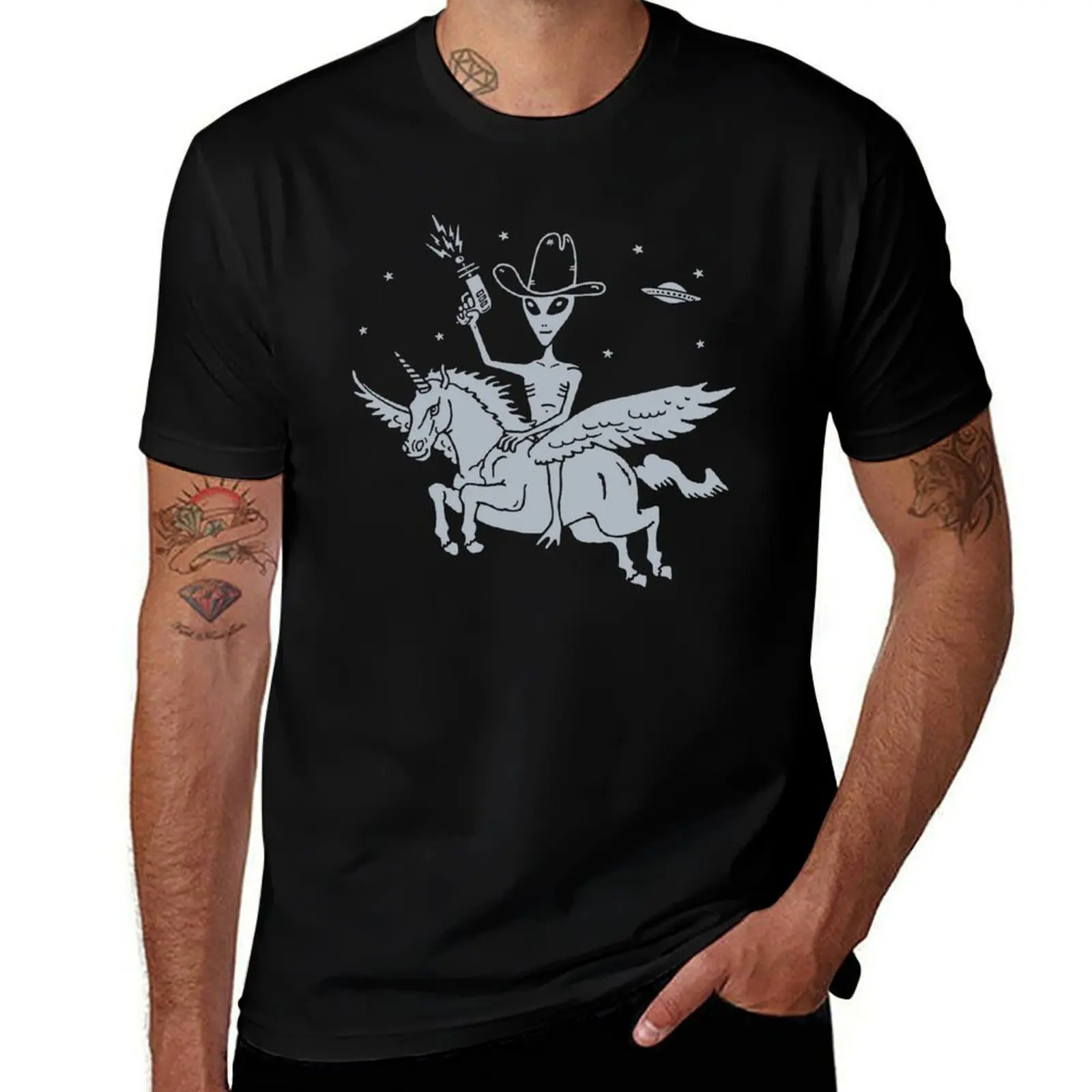 

Alien Riding Unicorn Funny Cool Ufo Area 51 Roswell New Mexico Weird Graphic Cryptozoology Space Cowboy T-Shirt